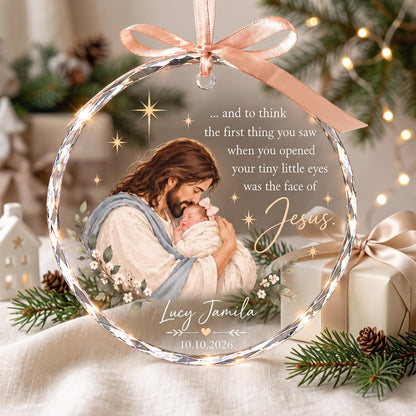 Personalized Jesus Holding Baby Ornament, Baby's First Christmas Gift, Christian Newborn Keepsake, Religious Clear Glass Christmas Ornament