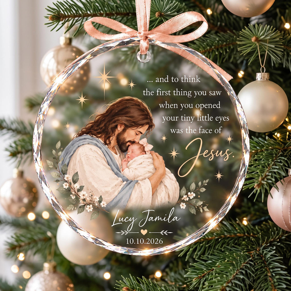 Personalized Jesus Holding Baby Ornament, Baby's First Christmas Gift, Christian Newborn Keepsake, Religious Clear Glass Christmas Ornament