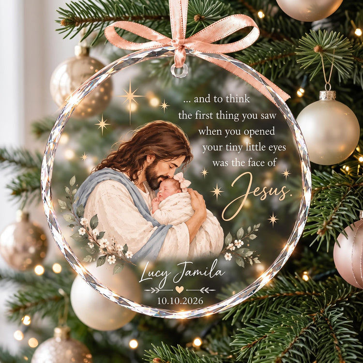 Personalized Jesus Holding Baby Ornament, Baby's First Christmas Gift, Christian Newborn Keepsake, Religious Clear Glass Christmas Ornament