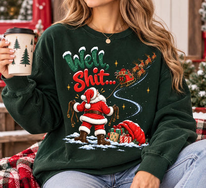 Funny Christmas Sweatshirt, Well Shit Santa Pullover, Sarcastic Holiday Shirt, Reindeer Sleigh Graphic, Funny Xmas Gift for Women