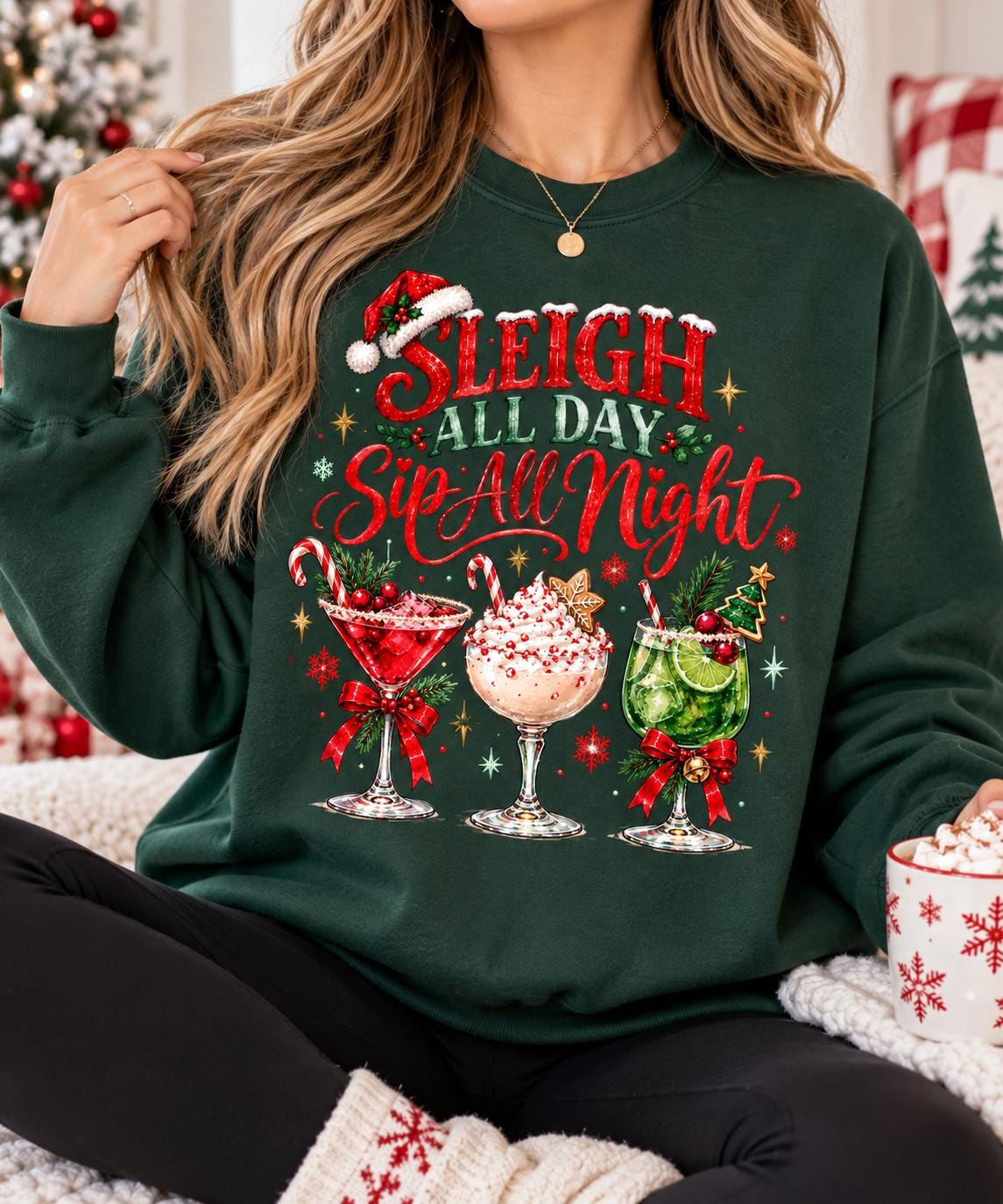Sleigh All Day Sip All Night Shirt, Christmas Cocktail Sweatshirt, Holiday Drinking Shirt, Christmas Party Shirt, Festive Girls Night Tee