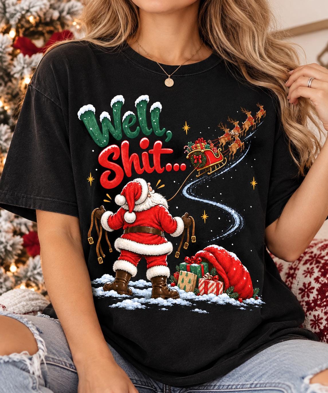 Funny Christmas Sweatshirt, Well Shit Santa Pullover, Sarcastic Holiday Shirt, Reindeer Sleigh Graphic, Funny Xmas Gift for Women
