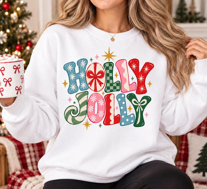 Holly Jolly Sweatshirt, Retro Christmas Crewneck, Colorful Holiday Graphic Pullover, Cute Xmas Sweatshirt, Christmas Gift for Women