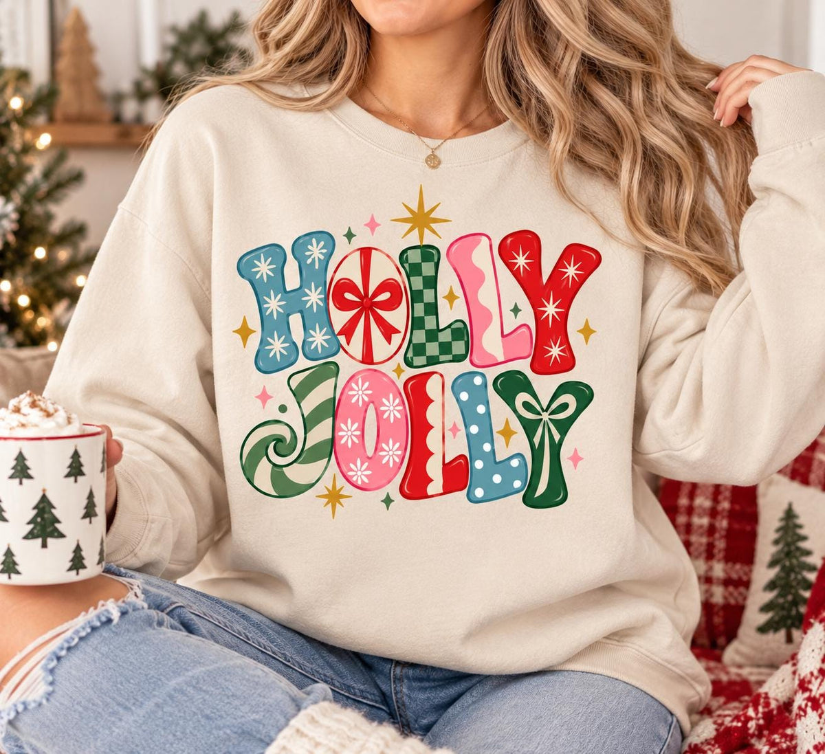 Holly Jolly Sweatshirt, Retro Christmas Crewneck, Colorful Holiday Graphic Pullover, Cute Xmas Sweatshirt, Christmas Gift for Women