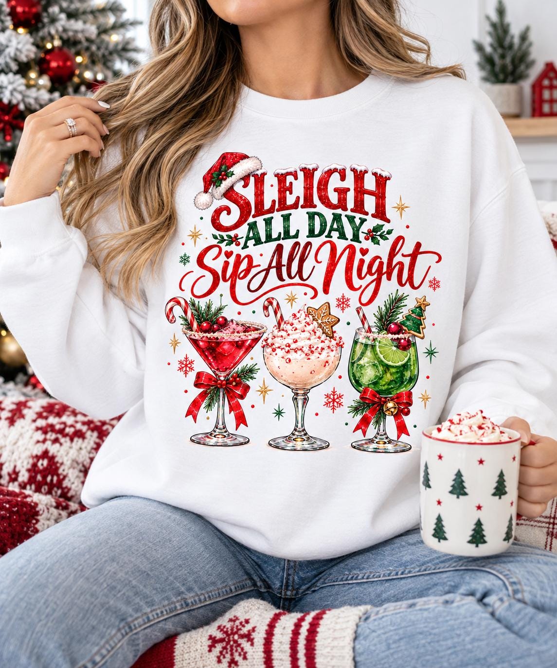 Sleigh All Day Sip All Night Shirt, Christmas Cocktail Sweatshirt, Holiday Drinking Shirt, Christmas Party Shirt, Festive Girls Night Tee